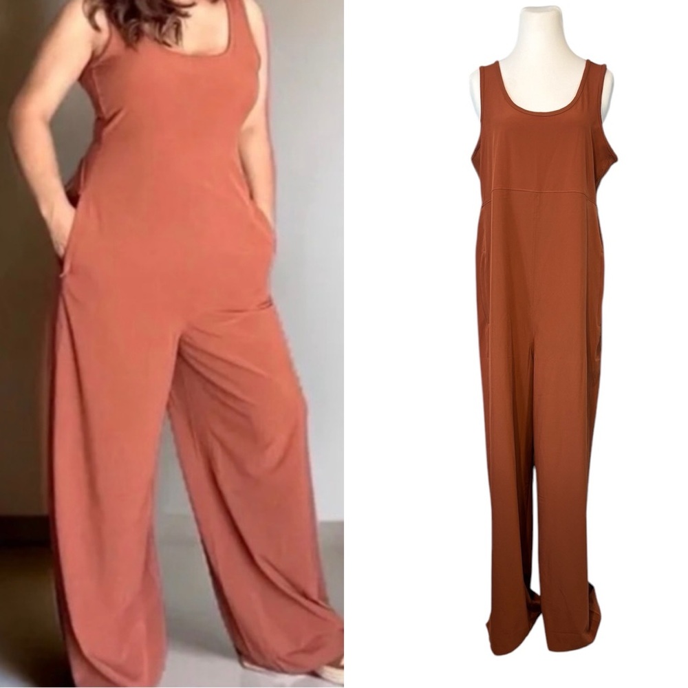 Athleta L Rust Brown Poly-knit Wide Leg Passenger Sleeveless Jumpsuit Athleisure